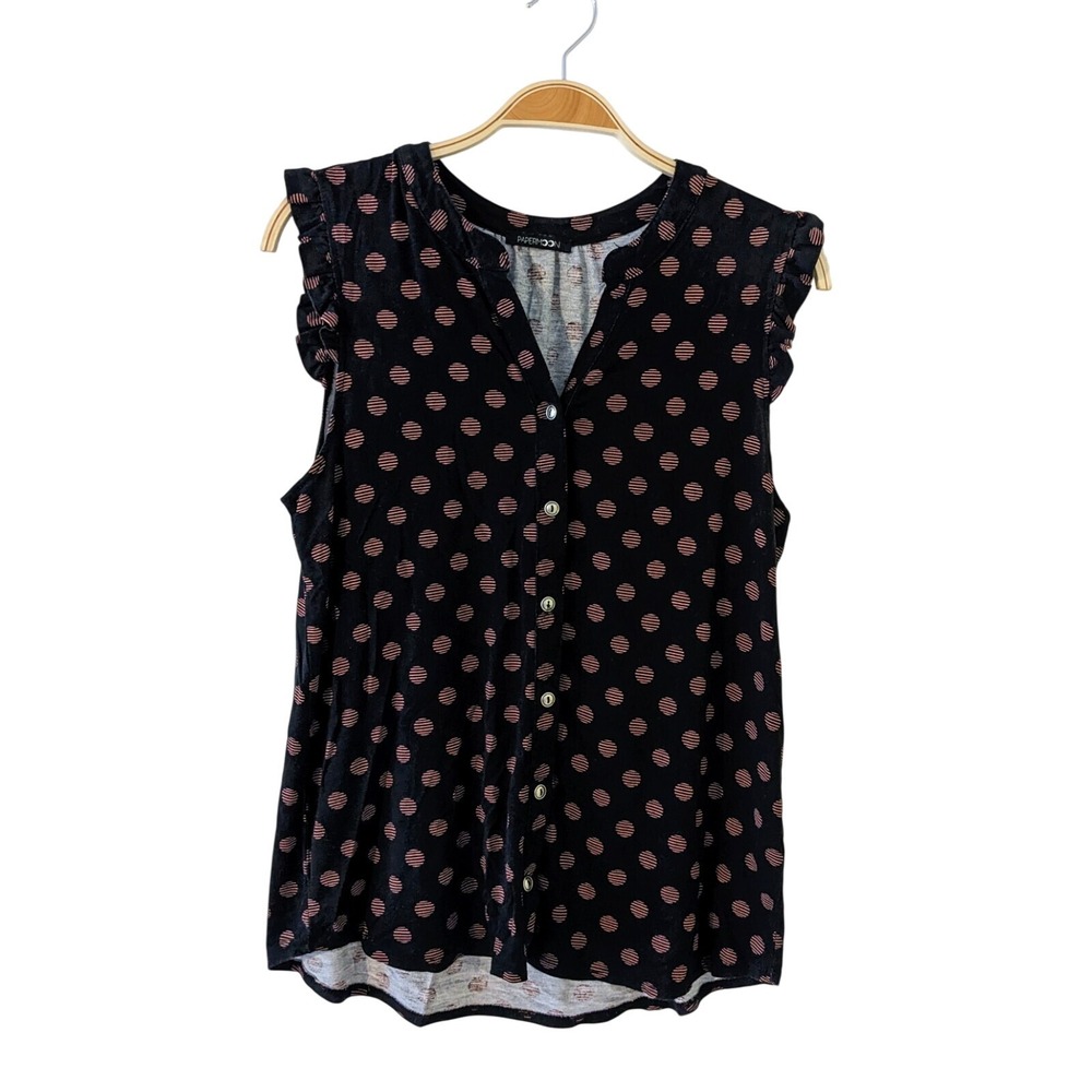 PAPERMOON Women's Top Cap Sleeve Black & Pink Polkadots Size Medium Ruffle